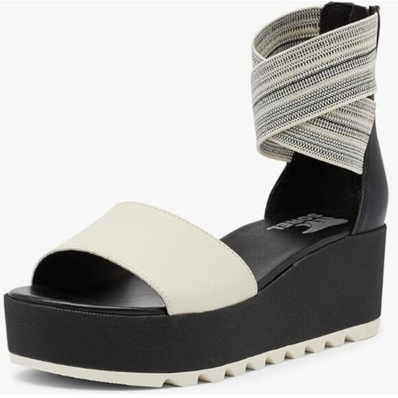 Sorel Shoes - Sorel Cameron Flatform White Black Sandals Stretch Ankle Strap Size 8 Women's